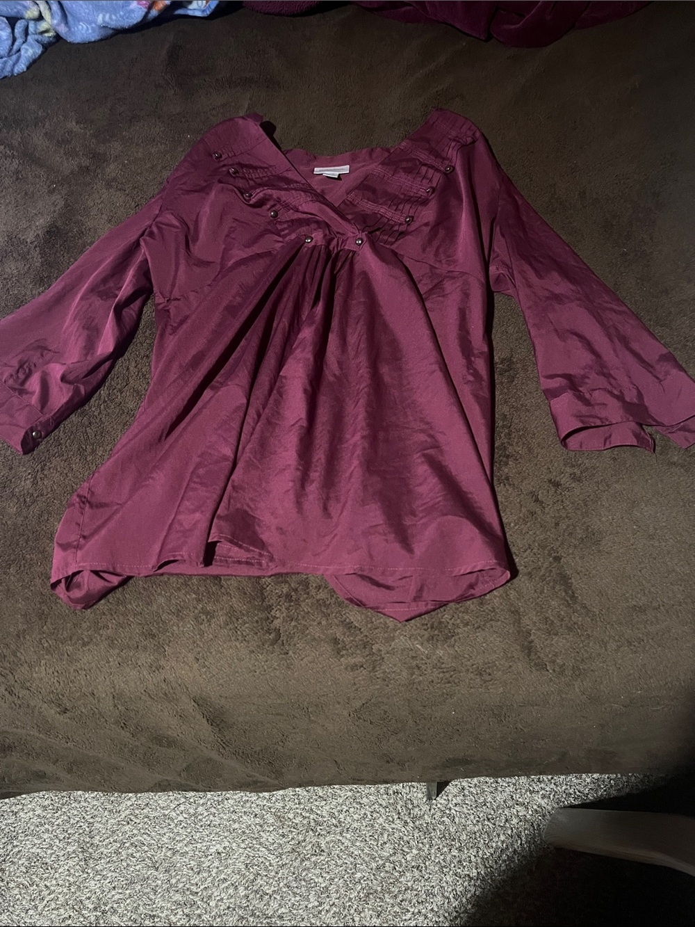 Motherhood Plum Berry V-Neck Pintuck Blouse with Button Trim